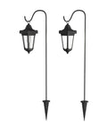 Set Of 2 Solar Lanterns For Outdoors, Waterproof Hanging LED Lights With Shepherd Hook Mounts, Classic Coach Style Yard Decor, shown unlit