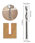 Downcut Spiral Double Flute CNC Router Bit Set One Eighth Inch Shank Tungsten Carbide End Mills For Wood Plastic Aluminum Five Pack With Seventeen Millimeters Flute Length And One Eighth Inch Cutting Edge Diameter showing bit measurement and application example