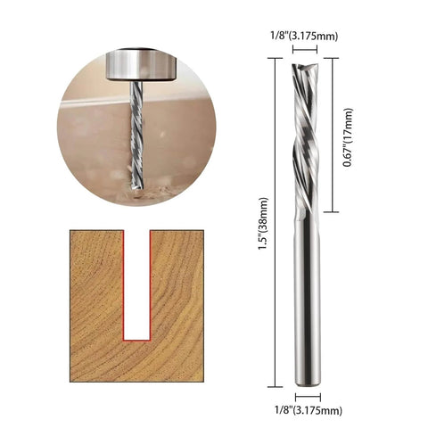 Downcut Spiral Double Flute CNC Router Bit Set One Eighth Inch Shank Tungsten Carbide End Mills For Wood Plastic Aluminum Five Pack With Seventeen Millimeters Flute Length And One Eighth Inch Cutting Edge Diameter showing bit measurement and application example