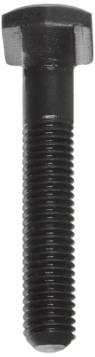 Black Oxide 1045 Steel Tugger Bolts, 3/4 Inch 10 TPI T-Bolt, 2 Inch Thread, 3-1/2 Inch Overall, 1-5/16 X 1-5/16 X 17/32 Inch Head, Fits 3/4 Inch Table Slot, Heat Treated, Pack Of 2 close-up of black oxide T-bolt