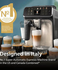 5500 Series Fully Automatic Espresso Machine With LatteGo Milk System Integrated Grinder 20 Coffee Presets One Touch Barista Vibe Customization SilentBrew 15 Bar Pressure Black Chrome front view with various coffee drinks