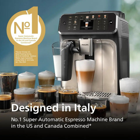 5500 Series Fully Automatic Espresso Machine With LatteGo Milk System Integrated Grinder 20 Coffee Presets One Touch Barista Vibe Customization SilentBrew 15 Bar Pressure Black Chrome front view with various coffee drinks