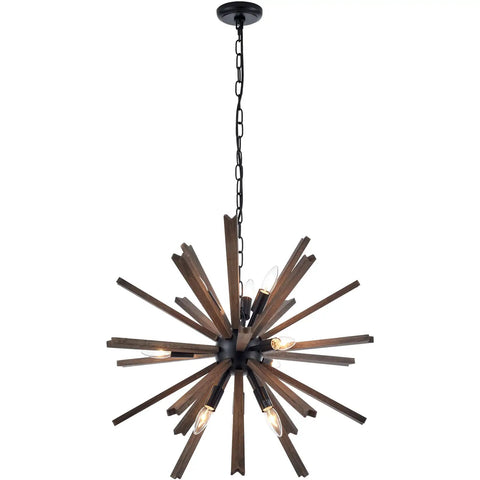 9 Light Sputnik Pendant Light Black With Natural Wood Shade Industrial Farmhouse Vibe Ceiling Fixture