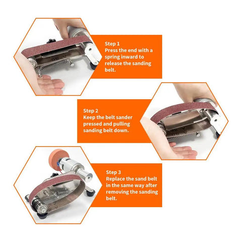 Slick Little Beast Seven Speed Mini Belt Sander With Twenty Polishing Discs showing how to replace the sanding belt step by step.