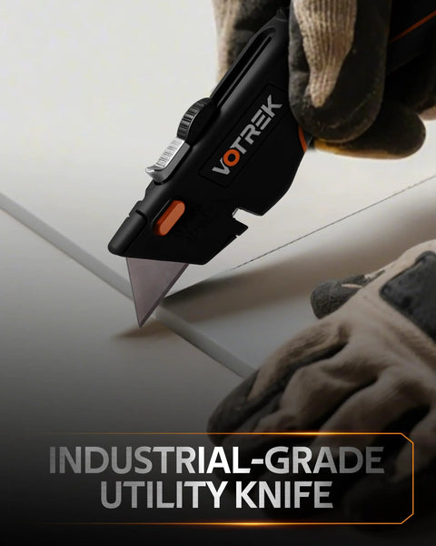 VOTREK box cutter utility knife with orange accents, retractable blade, close-up view