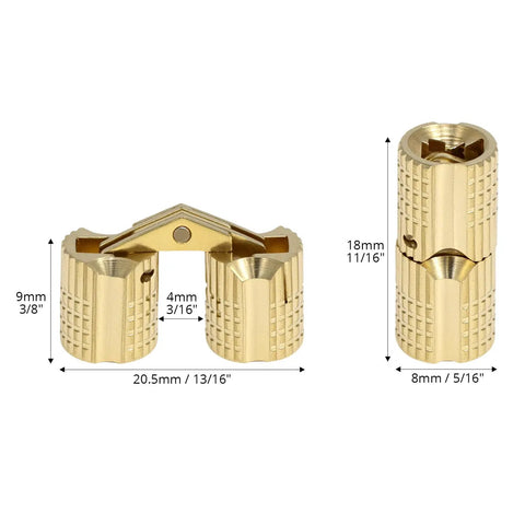 Hidden 8mm Brass Barrel Hinges Set, 8 Pack, 180 Degree Concealed Hinges in Polished Brass with dimensions shown