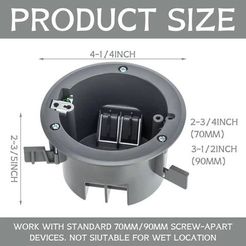 12 Pack Round Non Metallic Electrical Boxes For Old Work Ceilings Four And One Quarter Inch Plastic Junction Box With 18 Cubic Inches Capacity DIY Friendly Ceiling And Wall Light Box For Quick Install, showing product size dimensions.