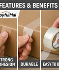 Features of Clear Packing Tape Set, 6 Rolls, 1.88 Inch Wide, 65 Yards Each, thick 2.7 Mil, heavy duty adhesive on box.