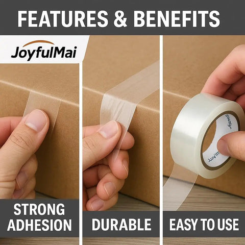 Features of Clear Packing Tape Set, 6 Rolls, 1.88 Inch Wide, 65 Yards Each, thick 2.7 Mil, heavy duty adhesive on box.