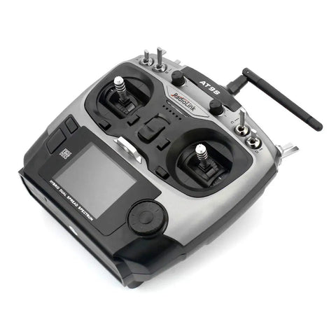 AT9S 10CH 2.4G Radio Transmitter with Handy Carry Case and Rocker Mount showing control sticks and display screen.