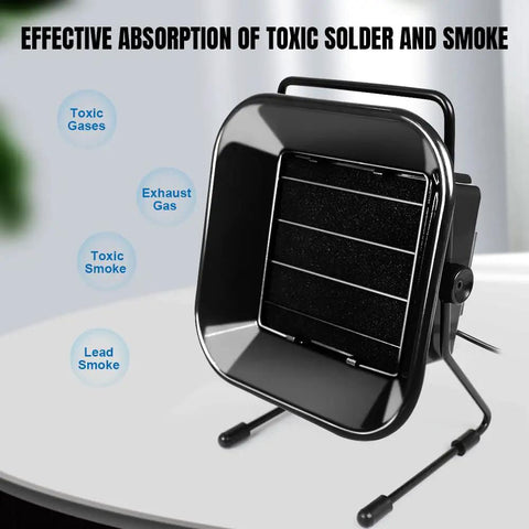 Beefed Up Pro Grade Solder Fume Extractor with 3500 RPM quiet fan, 60 m3/h airflow, shown absorbing toxic gases and smoke with filters