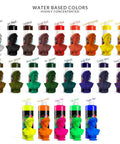 MARBLERS Liquid Colorant 11oz color chart with bottles in bright colors and white bust statues front view