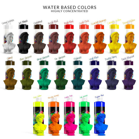 MARBLERS Liquid Colorant 11oz color chart with bottles in bright colors and white bust statues front view