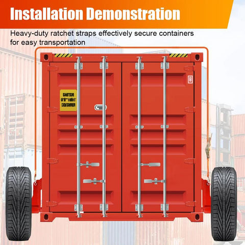 Upgrade 2 Pack 6 Lug Shipping Container Wheel Kit With 6x5.5 Inch Bolt Pattern Heavy Duty Axle And Ratchet Strap Installed on Container