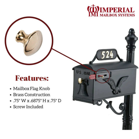 Solid Brass Mailbox Flag Knob In Gold Finish Three Quarters Inch Width Eleven Sixteenths Inch Height Three Quarters Inch Depth Replacement Hardware For Standard Mailbox Systems Built To Last And Install In A Snap No Fuss shown on black mailbox