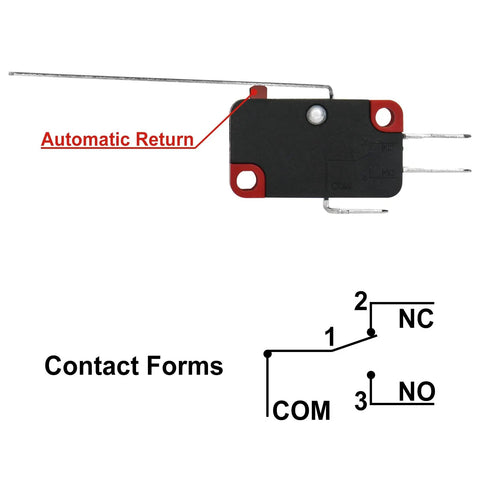 V-153-1C25 Micro Switch With Beefy Long Straight Lever 15A 125/250VAC Heavy Duty SPDT Snap Action Limit Switch Quick Connect Terminals Three Sixteenth Inch 4.8mm Dual Pack, automatic return contact forms