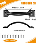 Black door pull handle with screws, dimensions 112mm x 33mm shown, part of Six Pack Six Inch T Strap Gate Hinges Heavy Duty Kit.