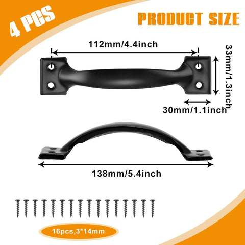 Black door pull handle with screws, dimensions 112mm x 33mm shown, part of Six Pack Six Inch T Strap Gate Hinges Heavy Duty Kit.