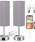 Three Way Dimmable Touch Lamps For Bedrooms Set Of 2 With USB C Ports And Outlets, Modern Grey Nightstand Lamps with bulbs