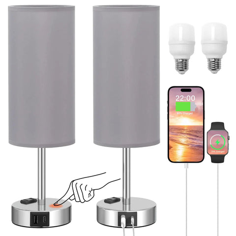 Three Way Dimmable Touch Lamps For Bedrooms Set Of 2 With USB C Ports And Outlets, Modern Grey Nightstand Lamps with bulbs