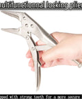 Hand holding multifunction locking pliers with strong teeth and metal finish