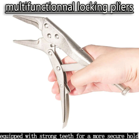 Hand holding multifunction locking pliers with strong teeth and metal finish