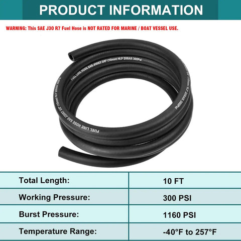 Coiled black Five Sixteenth Inch ID Fuel Line Hose 10 Ft With 10 Clamps High Pressure 300 PSI NBR Oil Resistant