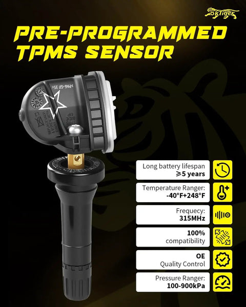 Preprogrammed 315Mhz Tire Pressure Monitoring System Sensors For Gmc Terrain Sierra Acadia Yukon showing detailed sensor features.