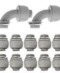 Alt Tag: 12 Pack NPT 1 Inch Liquid Tight Connectors With 180D And 90D Variants For Electrical Conduit Fittings UL Listed Gray Non Metallic Nylon 6 Includes Main Body Dome Nut O Ring And Steel Lock Nut