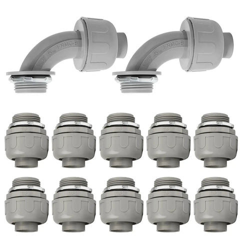 Alt Tag: 12 Pack NPT 1 Inch Liquid Tight Connectors With 180D And 90D Variants For Electrical Conduit Fittings UL Listed Gray Non Metallic Nylon 6 Includes Main Body Dome Nut O Ring And Steel Lock Nut