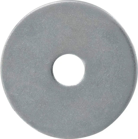 Close-up of a single zinc fender washer from 100 pack, 2 in OD, 1/4 in ID, zinc plated steel, for sheet metal and fastening projects.