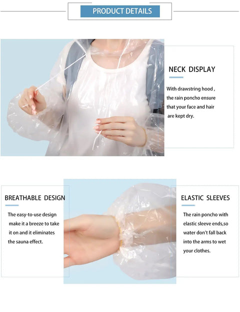 Rain Ponchos For The Fam 6 Pack, Extra Thick 0.035mm PE, Hooded Waterproof Emergency Ponchos showing drawstring hood and elastic sleeves.