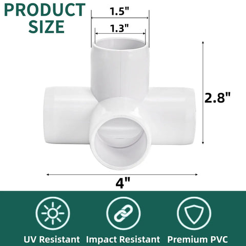 Dimensions of 12 Pack 1 Inch PVC Pipe Fittings 4 Way Elbow Corner Side Outlet Tee Fitting Heavy Duty Furniture Grade Connectors