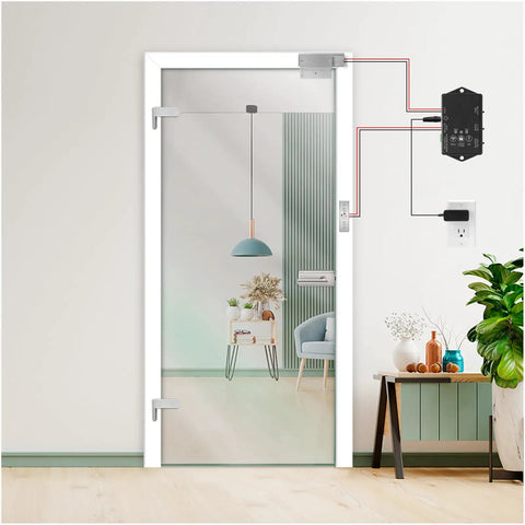 Badass Protection One Thousand Two Hundred Pound Smart Magnetic Door Lock Kit With WIFI App Remote Control Four Flexible Modes No Sweat Setup Total Game Changer For House Or Business Security Today mounted on a glass door.