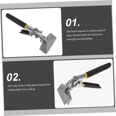 Manual Metal Bender Tool With Straight Jaw Hand Seamer featuring heat-treated steel and anti-slip jaws for duct crimping.