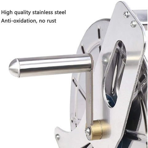 Close-up of premium stainless steel handle on Premium Garden Hose Reel Featuring Easy Rewind Lightweight Build And Six Function Spray Nozzle.