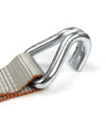 Close-up of wire hook on Beefy Ratchet Straps With Wire Hooks 2 Inch By 15 Foot 4 Pack Silver Series Heavy Duty Tie Downs.
