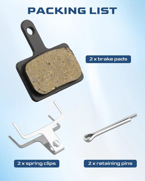 Heavy Duty Two Piece E Bike Brake Pads For Mechanical Disc Brakes Fits Lectric Xp 1.0 2.0 3.0 And Xp Lite including 2 pads, 2 pins, and 2 clips.