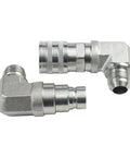 Male and Female Hydraulic Flat Face Coupler Kit for Skid Steer Loaders One Half Inch Body One and One Sixteenth Inch JIC Thread Quick Connect No Spill Coupling Set Replaces 7246795 7246781 showing connectors.