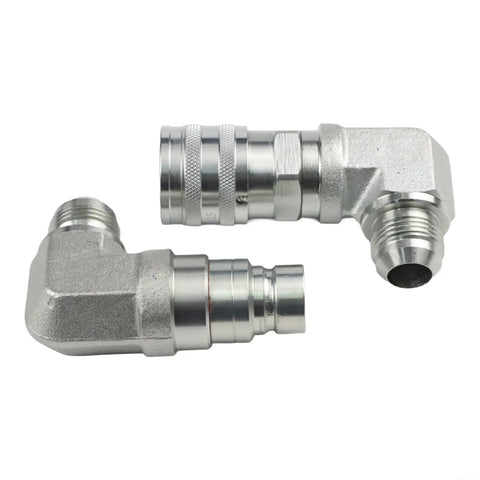 Male and Female Hydraulic Flat Face Coupler Kit for Skid Steer Loaders One Half Inch Body One and One Sixteenth Inch JIC Thread Quick Connect No Spill Coupling Set Replaces 7246795 7246781 showing connectors.