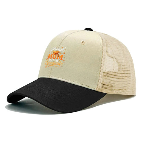 Proud Mom Of 2026 Grad Hat For Women And Men Dope Unisex Adjustable Trucker Cap with breathable mesh and black eaves.