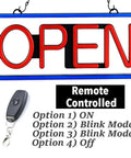 Ultra Bright 21 By 10 LED Open Sign With Remote Control lit daylight visible neon open sign in blue and red, remote shown