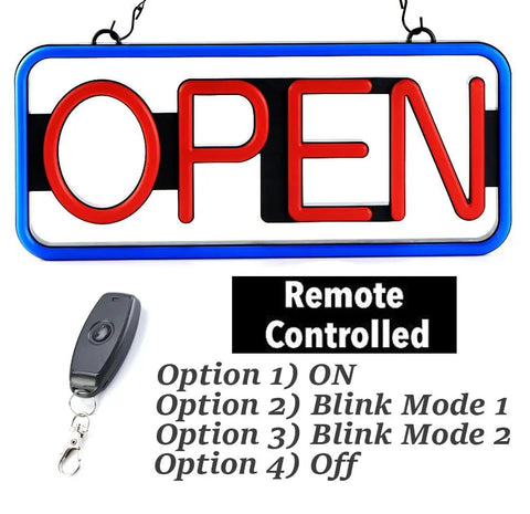 Ultra Bright 21 By 10 LED Open Sign With Remote Control lit daylight visible neon open sign in blue and red, remote shown