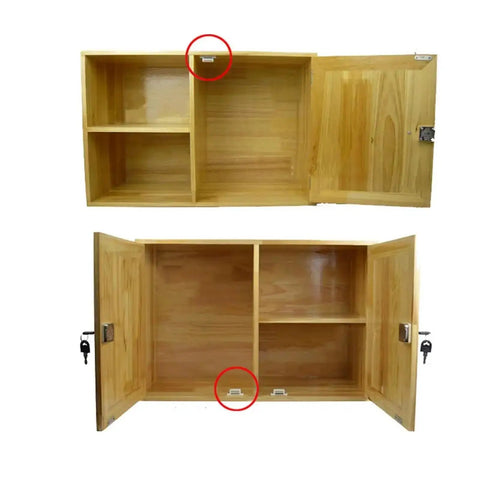 Wood cabinet interior showing 12 Piece Magnetic Cabinet Door Latch Closures For Kitchen Cupboards White Plastic Built Tough