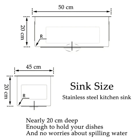 Diagram of 20 Inch Black Stainless Steel Kitchen Sink Single Bowl Nano Self Cleaning Undercounter Workstation dimensions