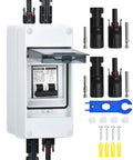 10 Amp Solar Disconnect Switch With Dc Miniature Circuit Breaker And Din Rail Enclosure showing black connectors and installation tools.