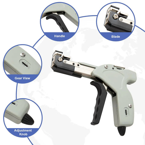 Smooth Operator Metal Zip Tie Cutter And Stainless Steel Cable Gun with handle, blade, gear view and adjustment knob.