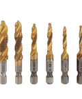 Six Piece Titanium Drill Tap Bit Set With 1/4 Inch Hex Shank For Metric M3 To M10 Taps And Countersink Bits, HSS 4341 High Speed Steel