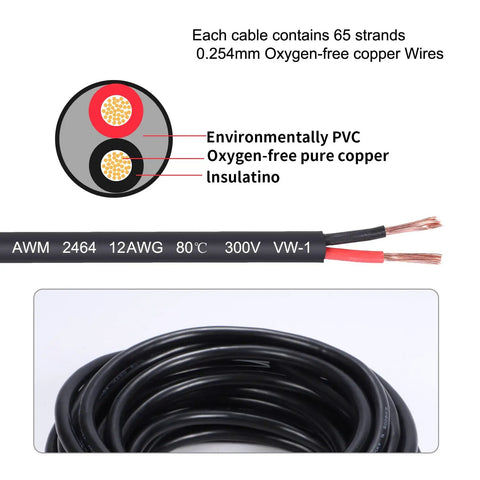 10 AWG Two Conductor Electrical Wire Stranded Oxygen Free Copper With PVC Jacket For Outdoor Lighting Automotive Battery And Solar Panel 65.6 Feet Long Heavy Duty Cable Built To Last, showing cable cross-section and spool