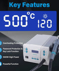 1000W Hot Air Soldering Station With Three Nozzles Auto Sleep Mode Smart Digital Display showing 500°C for precise desoldering